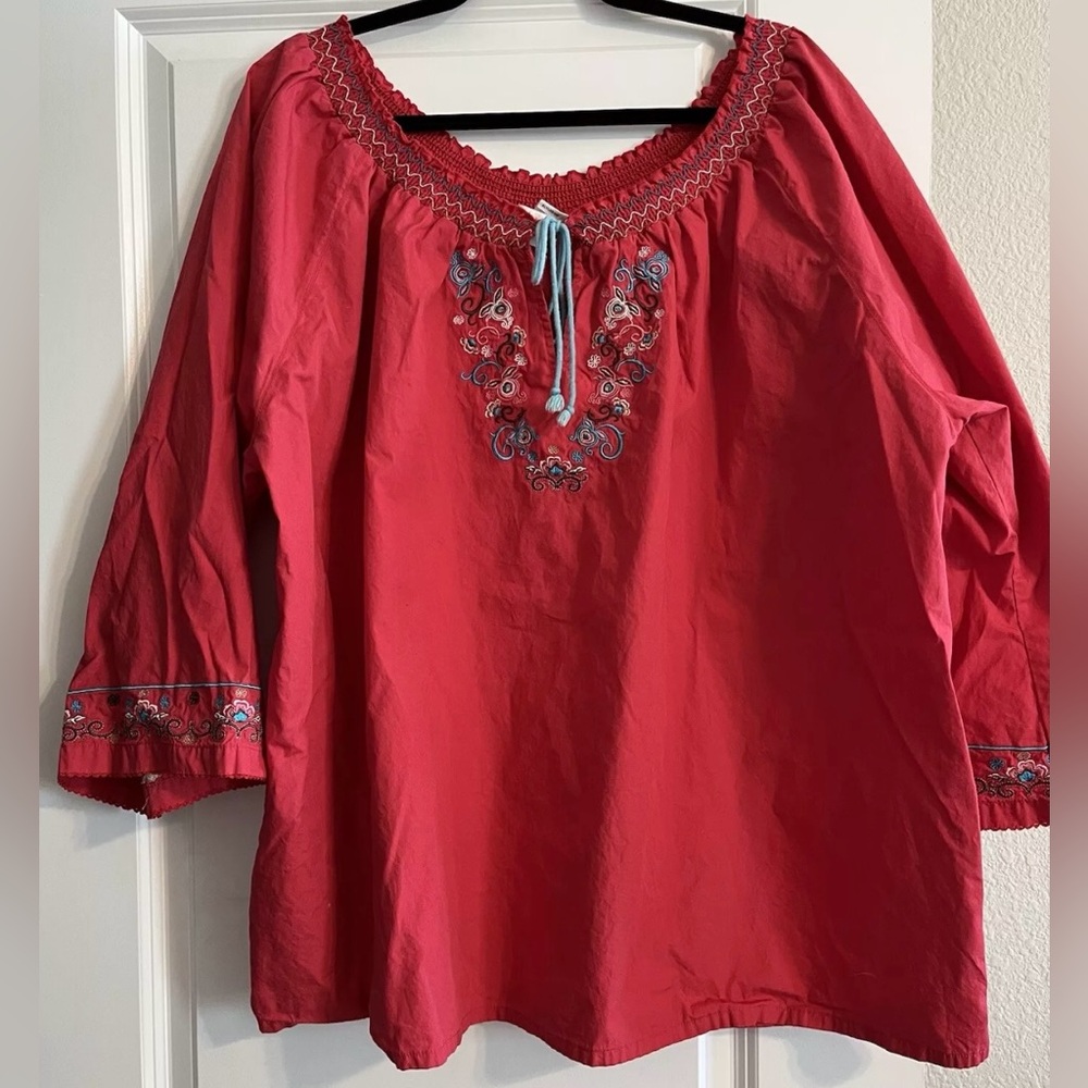 Mainstreet Blues SZ 2X Watermelon Color Peasant Popover Top Embroidery Tassels